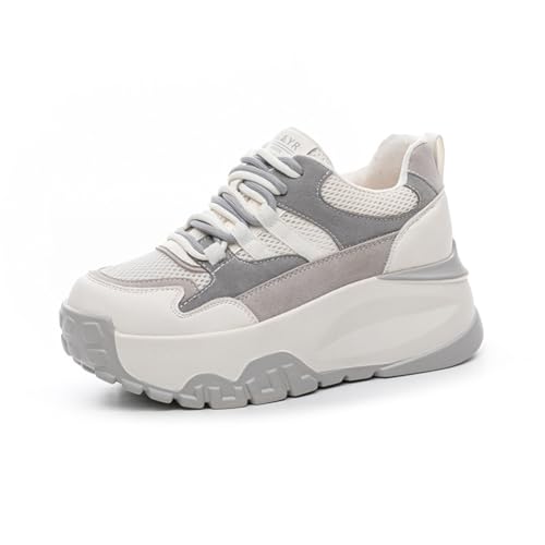 100junzidao Plateauschuhe für Damen 8 cm Absatzhöhe Lässige Sportschuhe Atmungsaktives Mesh Keilabsatz Leichte Bequeme Wanderschuhe Grau 37 von 100junzidao