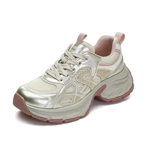 100junzidao Plateauschuhe für Damen atmungsaktives Mesh Schnürung Leder Dicke Sohle Dad Schuhe klassisch Retro bequem höhenverstellbar lässige Wanderschuhe Rosa 39 von 100junzidao