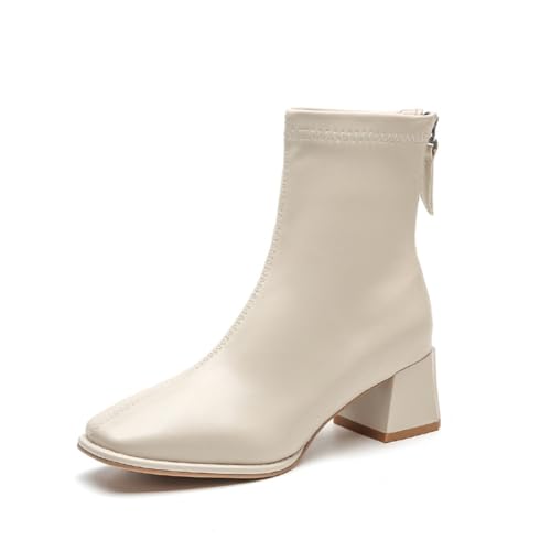 100junzidao Quadratische Zehen Knöchelstiefeletten für Damen, Slip-On Chelsea Stiefel mit Hinterem Reißverschluss Komfortablem Mittlerem Absatz, Beige Wasserresistente Arbeitsschuhe zum Gehen von 100junzidao