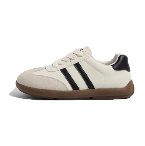 100junzidao Satin-Leder-Sneaker für Damen Retro-Flachschuhe Modische Freizeitschuhe zum Trainieren Low-Top-Schnürschuhe Beige 39 von 100junzidao