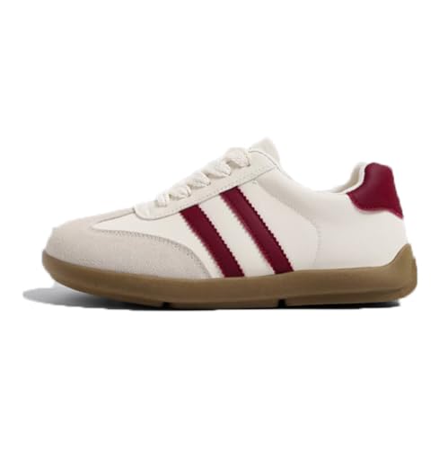 100junzidao Satin-Leder-Sneaker für Damen Retro-Flachschuhe Modische Freizeitschuhe zum Trainieren Low-Top-Schnürschuhe Weiß 37 von 100junzidao