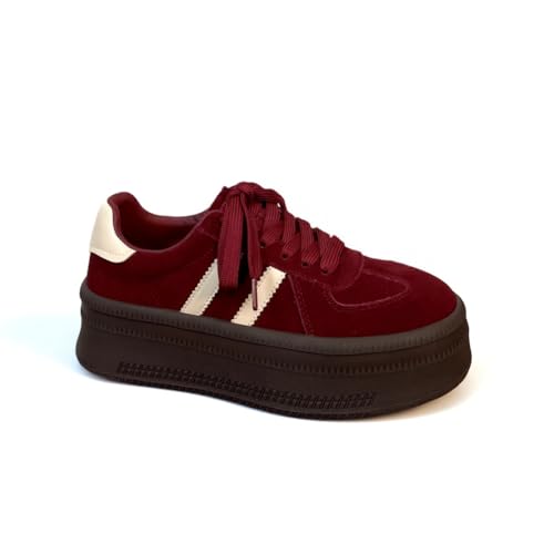 100junzidao Sneaker für Damen mit Dicker Sohle Retro-Freizeitschuhe mit Farbblock-Design Modische Schuhe mit Wildleder-Einsätzen Bequeme, höhenverstellbare Schuhe Rot 36 von 100junzidao