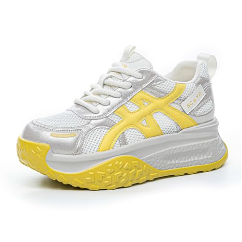 100junzidao Sommer-Plateauschuhe für Damen 8 cm Absatzhöhe Atmungsaktives Mesh Cut-Out-Design Leichte Bequeme Wanderschuhe Gelb 35 von 100junzidao