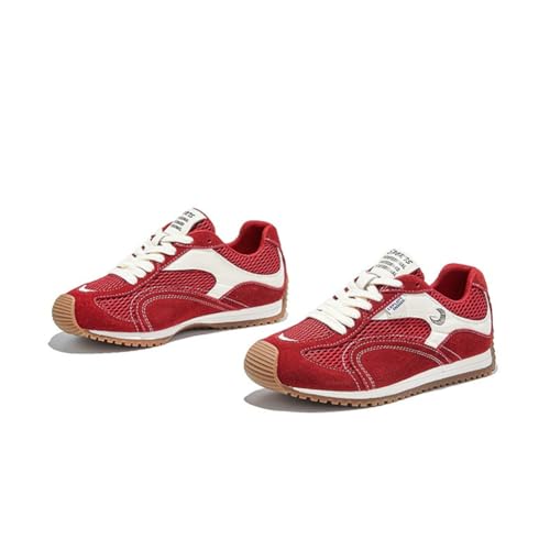 100junzidao Weiche Leder-Derby-Sneakers für Damen Asymmetrisches Zehendesign Bequeme Flache Sportschuhe Retro-Laufschuhe Freizeitschuhe für Damen Rot 36 von 100junzidao