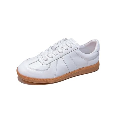 100junzidao Weiche Leder-Derbyschuhe für Damen Bequeme Flache weiße Sneakers rutschfeste Freizeitsportschuhe für Damen Atmungsaktive Herbst-Schnürschuhe Weiß 39 von 100junzidao