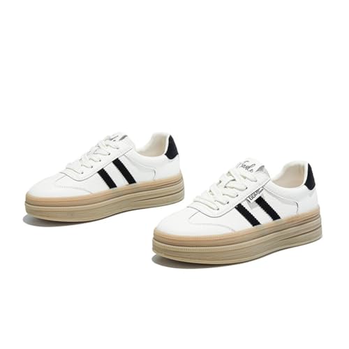 100junzidao Weiche Ledersportschuhe für Damen Mesh-Atmungsaktive Sport-Sneakers Bequeme weiße Freizeitschuhe Modische Tennisschuhe für Damen Schnürschuhe zum Spazierengehen Schwarz 37 von 100junzidao