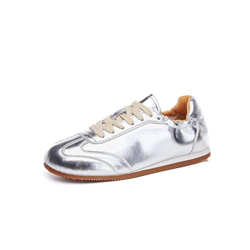 100junzidao Weiche Ledersportschuhe für Damen Silberne Derby-Sneakers Bequeme Flache Freizeitschuhe Modische atmungsaktive Tennisschuhe für Damen Herbstliche Schnürschuhe Silber 39 von 100junzidao