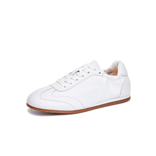 100junzidao Weiche Ledersportschuhe für Damen Silberne Derby-Sneakers Bequeme Flache Freizeitschuhe Modische atmungsaktive Tennisschuhe für Damen Herbstliche Schnürschuhe Weiß 39 von 100junzidao