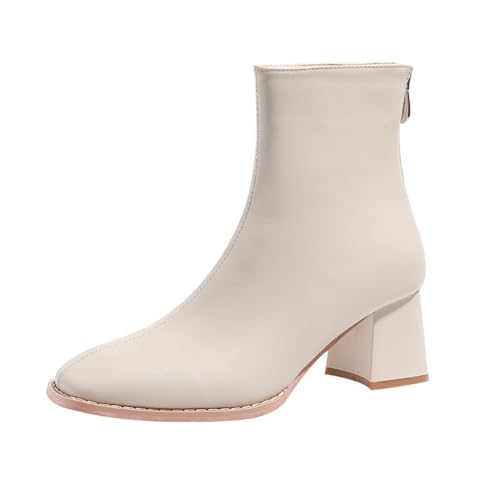 100junzidao wasserdichte Chelsea Stiefel für Damen, Beige Quadratische Zehen Knöchelstiefeletten mit Dickem Absatz Hinterem Reißverschluss, Gummisohle rutschfeste Arbeitsschuhe von 100junzidao