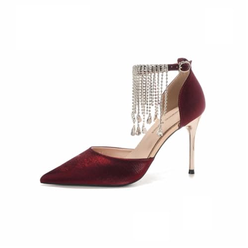 Ausgehöhlte Design High Heels für Damen aus Satin mit Quaste Kette und spitzer Zehenpartie Schuhe für Bankette und Hochzeiten sexy Brautschuhe mit Knöchelriemen Rot 35 Ausgehöhlte Design High Heels für Damen aus Satin mit Quaste Kette und spitzer Zehenpartie Schuhe für Bankette und Hochzeiten sexy Brautschuhe mit Knöchelriemen Rot 35 von 100junzidao