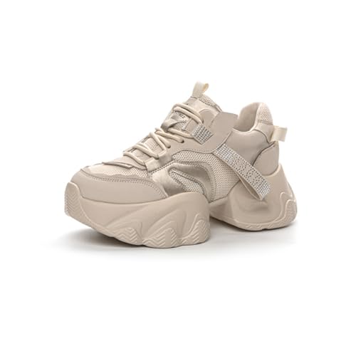 Chunky PlattformSneakers für Damen 8 cm Mode Training Kleine Menschen Höhenvergrößerung Dünn Lässig Vielseitig Daddy Shoes Heißes Diamantdesign Beige 39 von 100junzidao