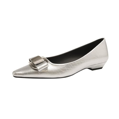 Damen Flache Freizeitschuhe Bequeme rutschfeste Spitz Zehe Flacher Mund Hochzeitsschuhe Hundert mit Temperament Büro Arbeit Kleid Party Pumps Silber 38 von 100junzidao