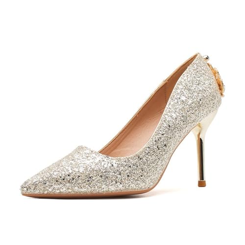 Damen High Heels Party Hochzeit Pointed Toe Slip on Court Schuhe Elegantes Klassisches Kleid Sexy Braut Brautjungfer Bankett Prom Schuhe Gelb 35 von 100junzidao