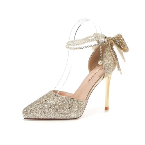 Damen Hochzeitsschuhe mit spitzer Zehenpartie durchbrochenem Design funkelnden Pailletten Schleife Party Abendschuh sexy mit Perlen Fesselriemchen Abend High Heels Damen Hochzeitsschuhe mit spitzer Zehenpartie durchbrochenem Design funkelnden Pailletten Schleife Party Abendschuh sexy mit Perlen Fesselriemchen Abend High Heels von 100junzidao
