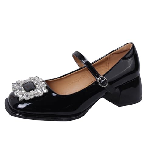Damen Mary Jane Pumps mit Strass-Schnalle Flacher Absatz Modeschuhe für Uniform Büro und Studenten Bequem für Dates von 100junzidao