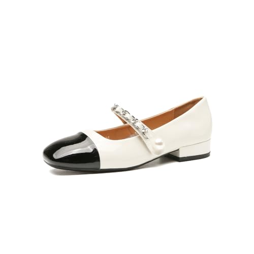 Damen Mary Janes mit Perlen Deko Glänzend Lackleder Chunky Absatz Pumps T-Band Blockabsatz Schuhe für Täglichen Tragen Bequeme Abendpumps von 100junzidao