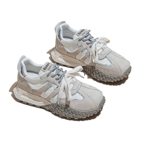 Damen Plateform Sneakers Obermaterial Leder und Atmungsaktives Mesh 5cm Höhenerhöhende Schuhe Lässige Wanderschuhe Sportbekleidung Modische Trainers von 100junzidao