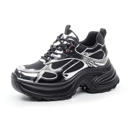 Damen Plateform Sneakers mit 8cm Höhenzunahme Dad Shoes mit Plateausole Freizeit Trainers Obermaterial aus Echtleder und Mesh-Futter Bequeme Wanderschuhe von 100junzidao
