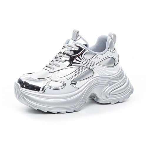 Damen Plateform Sneakers mit 8cm Höhenzunahme Dad Shoes mit Plateausole Freizeit Trainers Obermaterial aus Echtleder und Mesh-Futter Bequeme Wanderschuhe von 100junzidao