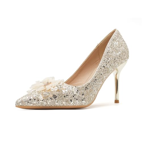 Damen Strass Heels Perlen Blumen Französisch Elegantes Gericht Hochzeit Bankett Schuhe Klassisch Slip on Sexy Prom Braut Party Arbeit Pumps Gelb 35 von 100junzidao