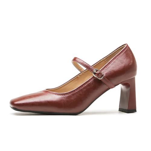 Damen Vintage Mary Jane Schuhe mit französischer eckiger Spitze temperamentvoll bequem flach für Hochzeiten rutschfest Elegante Pumps für Kleider und Arbeit Rot 35 von 100junzidao