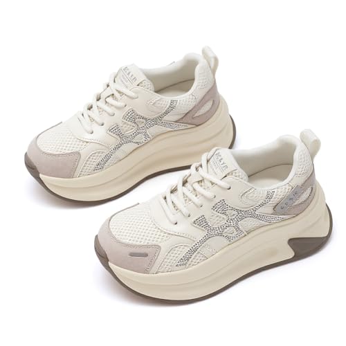 Frauen-Plattform-Sneaker Mesh atmungsaktive Casual-Laufschuhe Anti-Rutsch atmungsaktive Trainings-Sandalen Bequeme Absatzverlängerung schlankmachender Effekt Beige 39 von 100junzidao