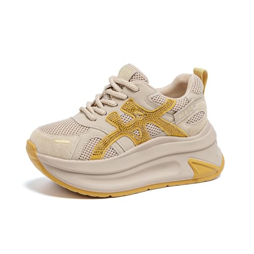 Frauen-Plattform-Sneaker Mesh atmungsaktive Casual-Laufschuhe Anti-Rutsch atmungsaktive Trainings-Sandalen Bequeme Absatzverlängerung schlankmachender Effekt Gelb 39 von 100junzidao