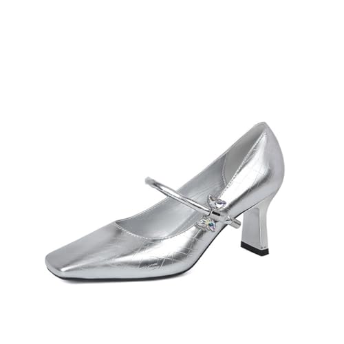 Frauen Quadratische Zehe Shallow Mary Jane Schuhe Flache Temperament Elegant rutschfest Hochzeit Party Schuhe Bequem Süß Dating Kleid Pumps Silber 38 von 100junzidao