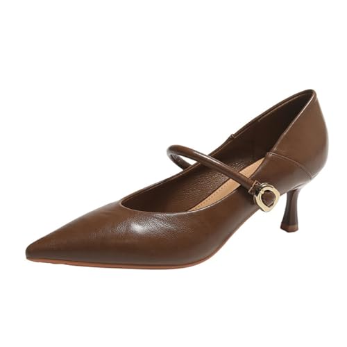 Frauen Shallow Mary Jane Heels Temperament Pointed Toe Commuter Peplum Vintage Bankett Hochzeitsschuhe Sexy Klassisch Elegant Hofschuhe Braun 37 von 100junzidao