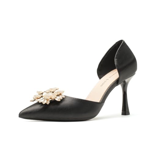 High Heels mit Perlen und Strasssteinen Satin Brautschuhe für Frauen sexy Hochzeitsschuhe Ausschnittdesign Slipper Spitze Zehen Bequeme Pumps Schwarz 38 von 100junzidao