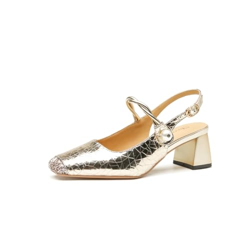 Niedrige Mary Jane-Schuhe für Damen Hohle Rückseite eckige Spitze Perlen Temperament Sandalen flach rutschfest bequem elegant Abendschuhe Hochzeitsschuhe Gelb 38 von 100junzidao