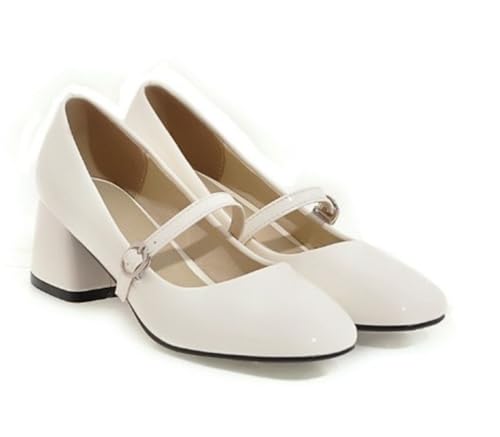 Retro Damen Mary Jane Flache Pumps Mittlerer Absatz Lederschuhe mit Quadratischer Spitze Einfach & Elegant für Büro und Dates von 100junzidao