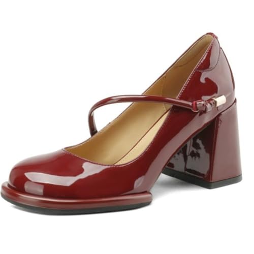 Rote Damen Hochzeits Pumps Retro Runde Spitze Mary Jane Schuhe in Lackleder Sinnvoller Blockabsatz zur Größenvergrößerung für Besondere Anlässe von 100junzidao