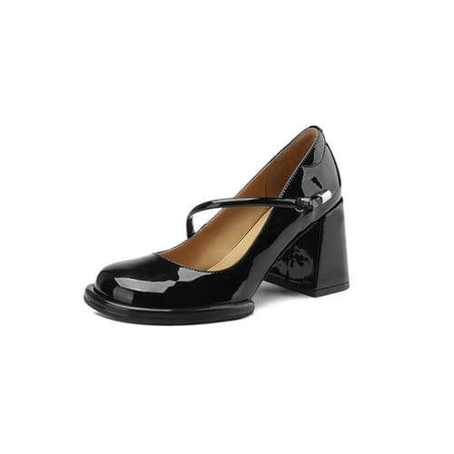Rote Damen Hochzeits Pumps Retro Runde Spitze Mary Jane Schuhe in Lackleder Sinnvoller Blockabsatz zur Größenvergrößerung für Besondere Anlässe von 100junzidao