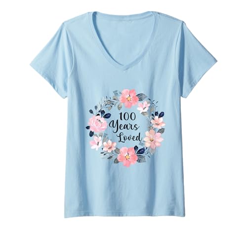 Damen 100 Years Loved 100th Birthday Floral 100 Year Old Men Women T-Shirt mit V-Ausschnitt Damen 100 Years Loved 100th Birthday Floral 100 Year Old Men Women T-Shirt mit V-Ausschnitt von 100th Birthday 100 Years Old Gifts for Mom Grandma