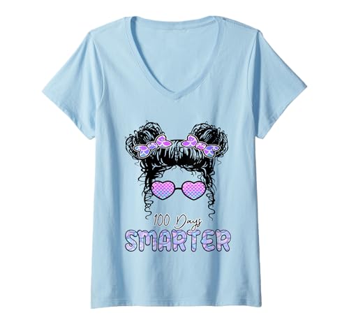 Damen 100 Tage Smarter Messy Bun Hair für Mädchen zum 100. Schultag T-Shirt mit V-Ausschnitt Damen 100 Tage Smarter Messy Bun Hair für Mädchen zum 100. Schultag T-Shirt mit V-Ausschnitt von 100th Day Smarter Shirts 100th Day Of School Women