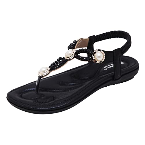 107 Tango Schuhe Damen Retro- und Modeschuhe Sandalen Frühling Pearl Beach Sommer-Strass Perlen Flache Metall-Damensandalen für Frauen Socken Schuhe Damen 35-42 (Black-B, 42) von 107