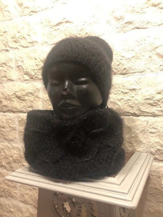 Set Aus Mütze Und Schlauchschal Für Damen Reiner Alpaka-Mohair-Wolle Schwarzer Seide Mit Zierstich von 10Doigts2Mains