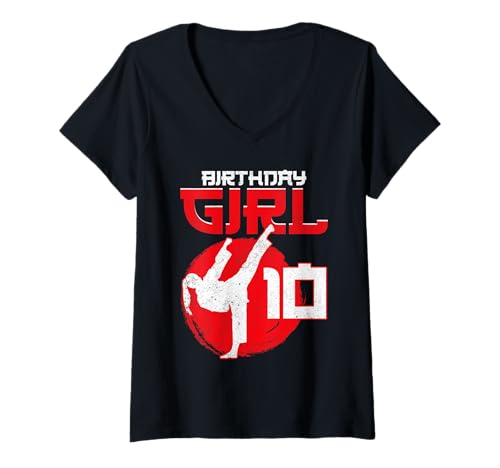 Damen Karate Taekwondo 10 Jahre alt Geburtstag Kampfsport Mädchen T-Shirt mit V-Ausschnitt von 10th Birthday For Girls Karate Taekwondo Gift Tee