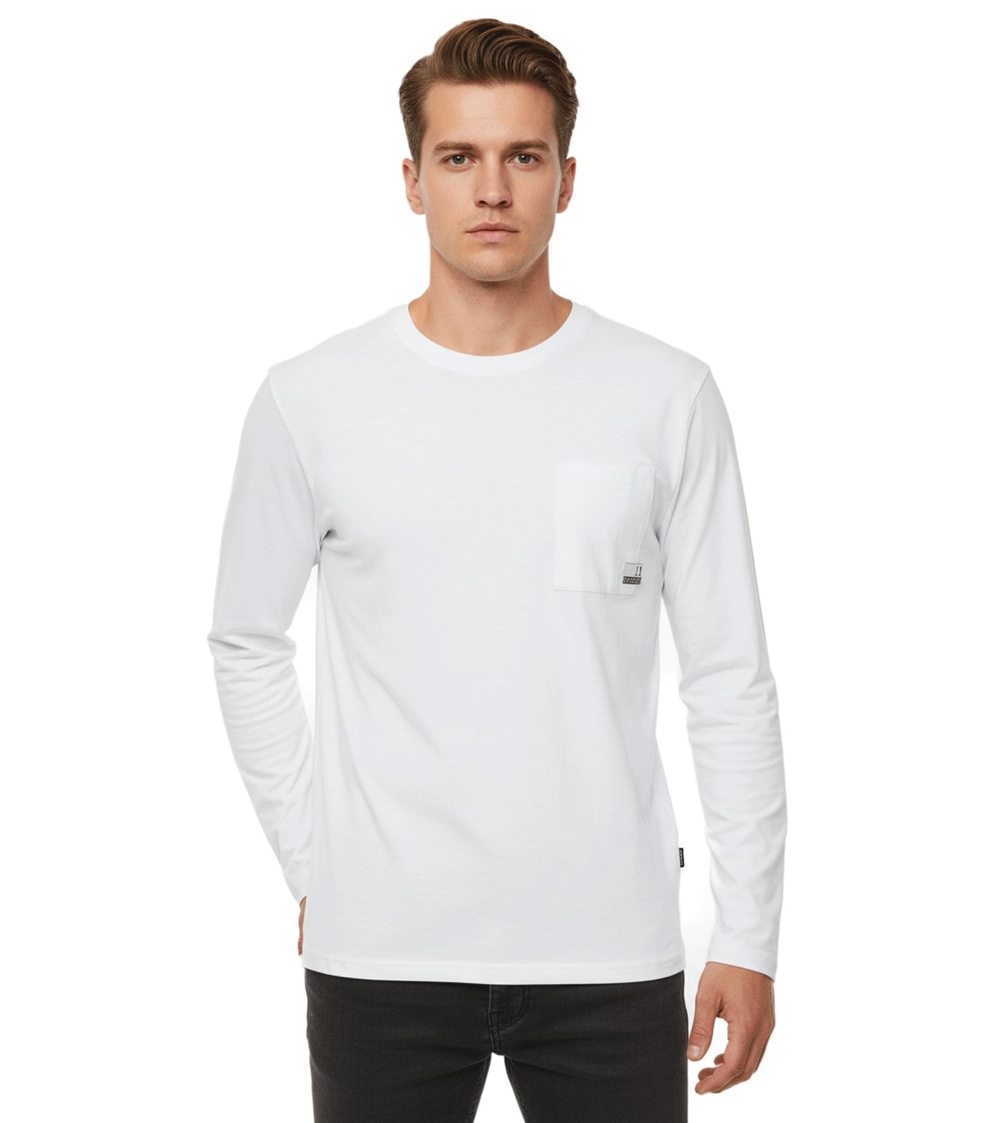 11 PROJECT Emilio Herren Longsleeve Basic-Shirt mit Rundhals-Ausschnitt Baumwoll-Shirt 21300996ME 110601 Weiß von 11 PROJECT