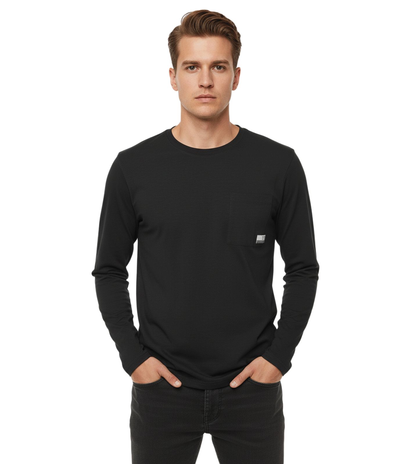 11 PROJECT Emilio Herren Longsleeve Basic-Shirt mit Rundhals-Ausschnitt Baumwoll-Shirt 21300996ME 194008 Schwarz von 11 PROJECT