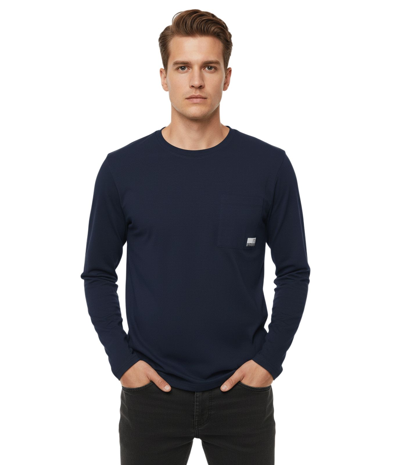 11 PROJECT Emilio Herren Longsleeve Basic-Shirt mit Rundhals-Ausschnitt Baumwoll-Shirt 21300996ME 194010 Blau von 11 PROJECT