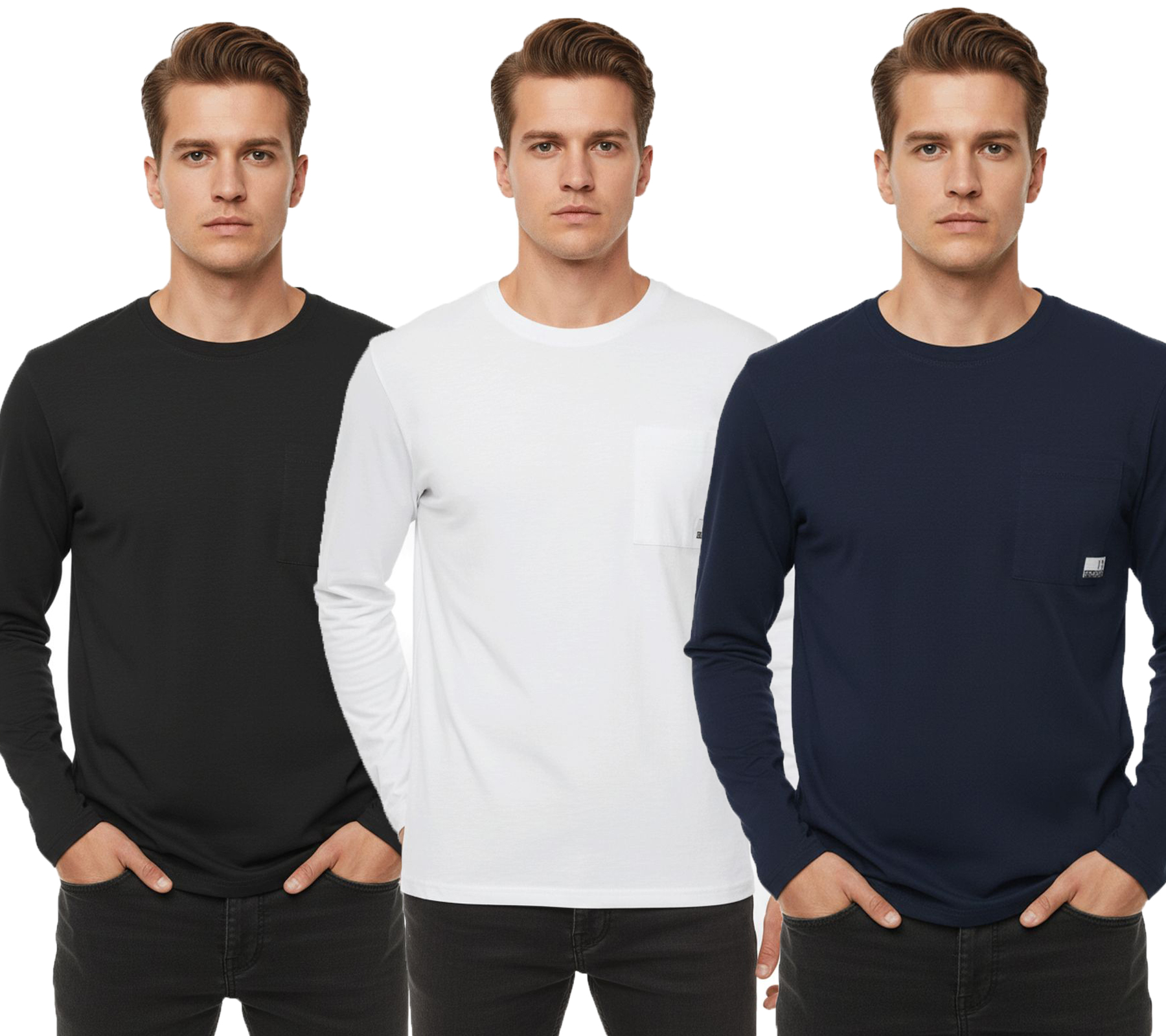 11 PROJECT Emilio Herren Longsleeve Basic-Shirt mit Rundhals-Ausschnitt Baumwoll-Shirt 21300996ME Blau, Weiß oder Schwarz von 11 PROJECT