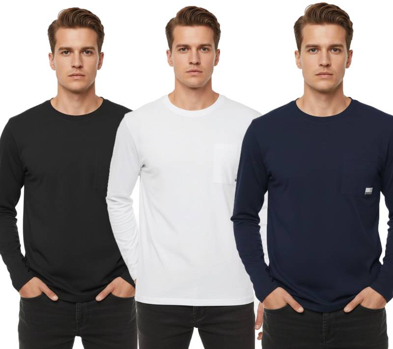 11 PROJECT Emilio Herren Longsleeve Basic-Shirt mit Rundhals-Ausschnitt Baumwoll-Shirt 21300996ME Blau, Weiß oder Schwarz von 11 PROJECT