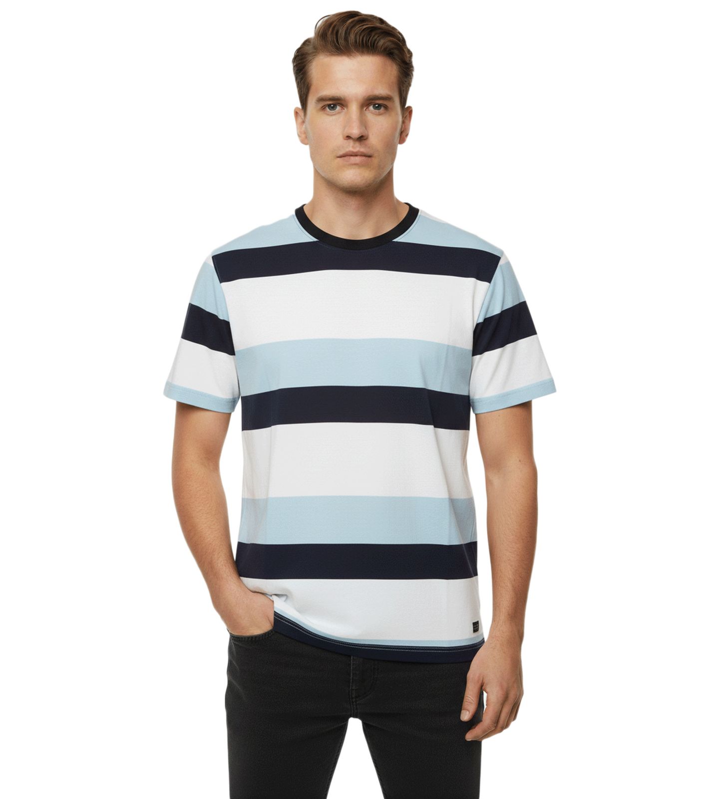 11 PROJECT Frankie Herren Baumwoll-Shirt T-Shirt Colour-Blocking Sommer-Shirt 21301046 194010 Blau/Weiß von 11 PROJECT