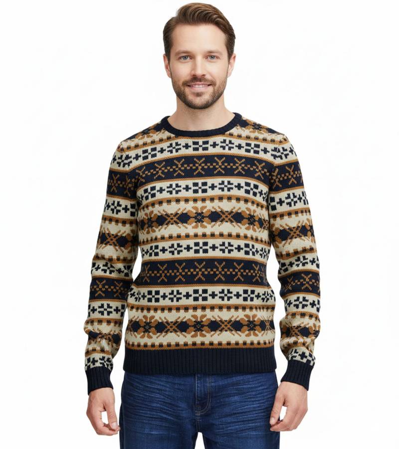 11 PROJECT PRPasco Herren Strick-Pullover mit Wollanteil Langarm-Shirt 20716671 194024 Weiß/Navy/Beige von 11 PROJECT