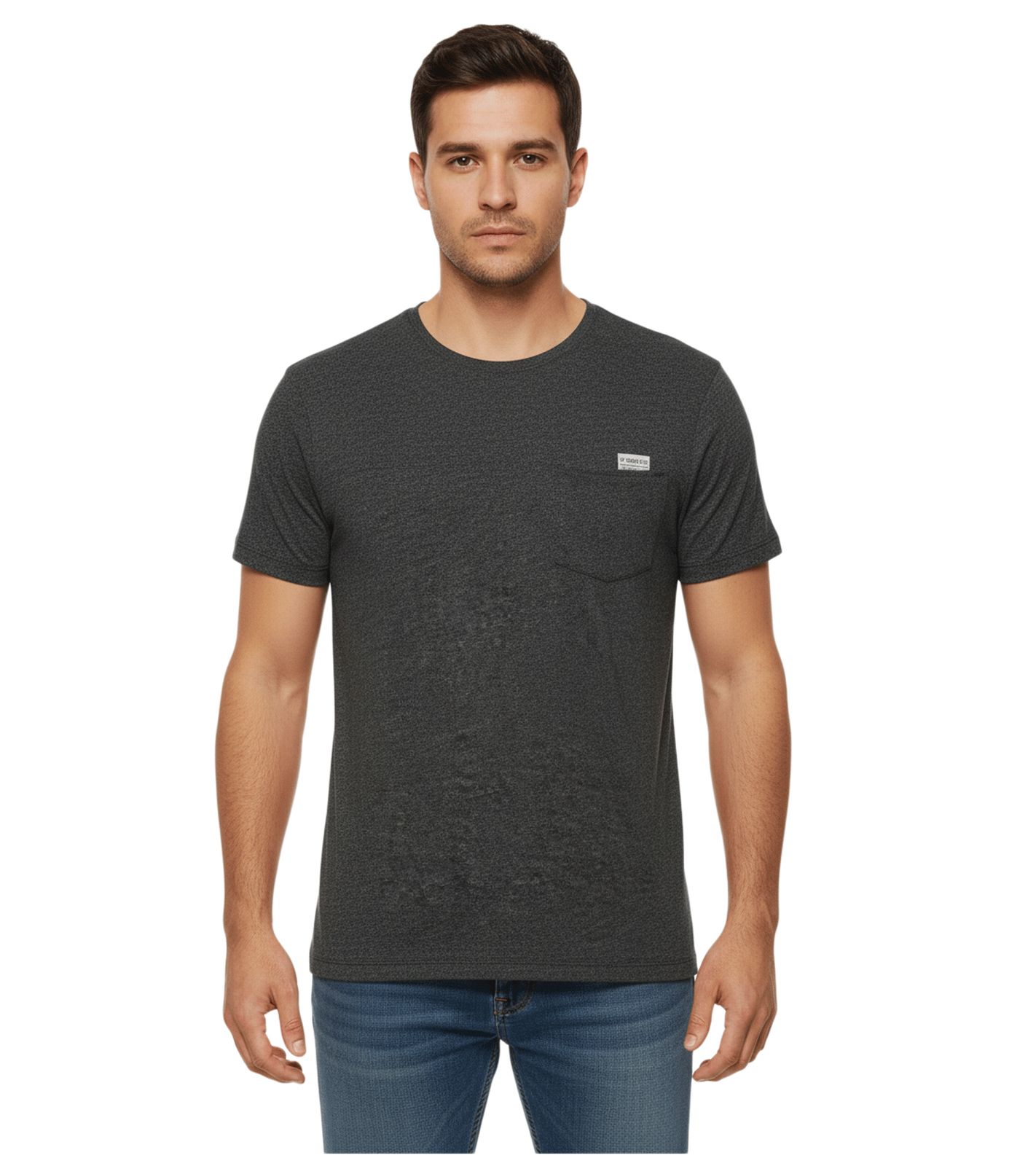 11 PROJECT Santo Herren Baumwoll-Shirt T-Shirt meliertes Sommer-Shirt mit Brusttasche 20715236 ME 194007 Schwarz von 11 PROJECT