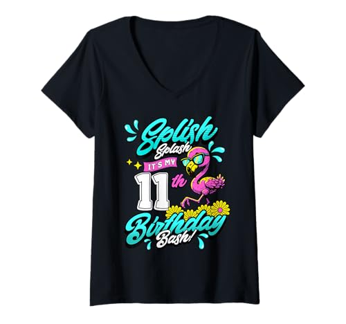 Damen Splish Splash 11. Geburtstag Flamingo Pool Party 11 Jahre alt T-Shirt mit V-Ausschnitt Damen Splish Splash 11. Geburtstag Flamingo Pool Party 11 Jahre alt T-Shirt mit V-Ausschnitt von 11th Birthday Flamingo Themed Pool Party