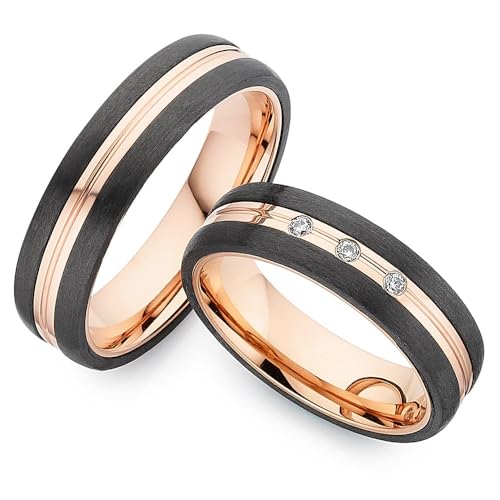123traumringe Eheringe in Carbon, Titan & Roségold I Partnerringe mit 3 Zirkonia & Etui I Gravierbare Eheringe mit Ringgröße 50-72 mm I Edle Verlobungsringe in 5,5 mm Breite & 2,1 mm Stärke I P36 von 123traumringe