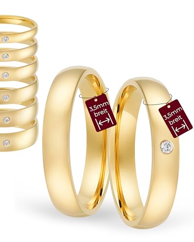 123traumringe Eheringe Gelbgold 333 – Damen-Ring mit Brillant 3.5 mm & Herren-Ring 3.5 mm | Trauringe & Partnerringe für Hochzeit, Verlobung & Jahrestag | Klassische Goldringe Made in Germany von 123traumringe